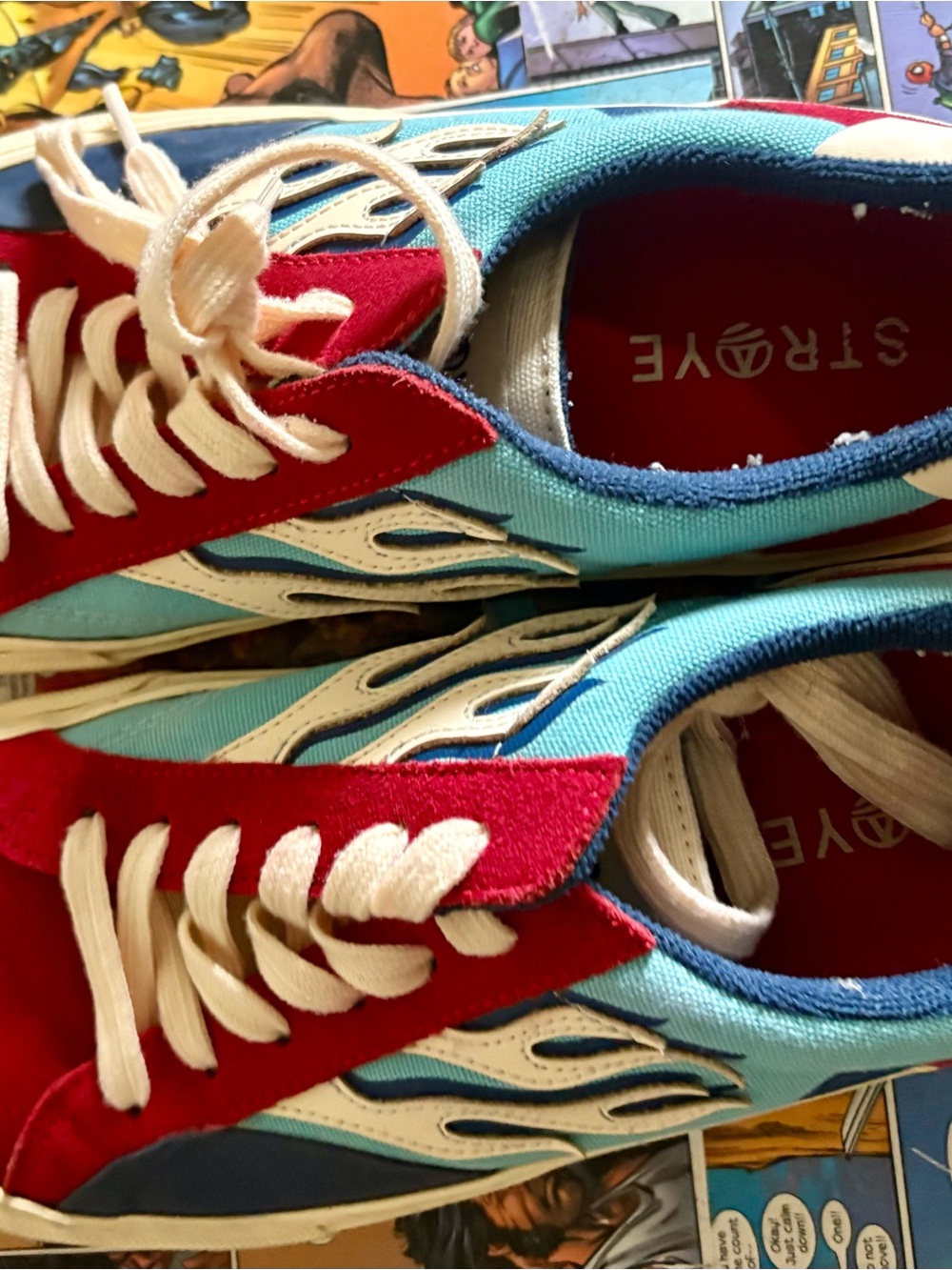RAYE Red and Light Blue Low-Top Flame Detail Sneakers